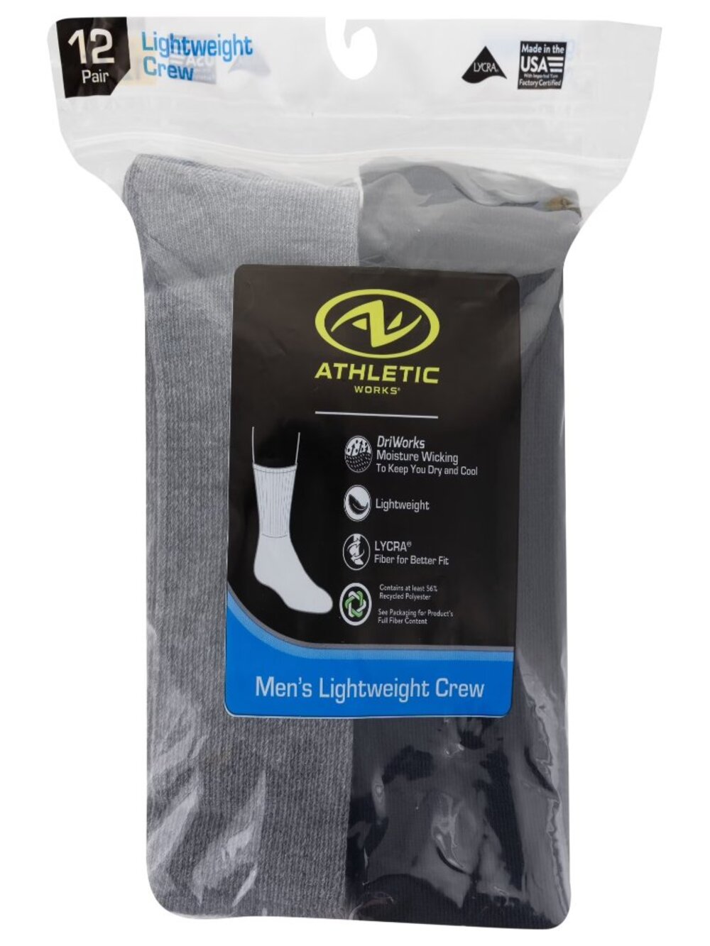 Athletic Works Men's Crew Socks 12 Pack Moisture Wicking Size 12-15 White